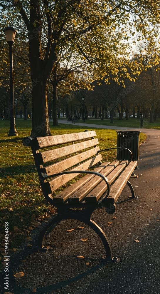 Fototapeta premium An empty wooden bench sits in a park, bathed in warm afternoon sunlight, offering a peaceful place for rest and contemplation ,seating ,park ,natural