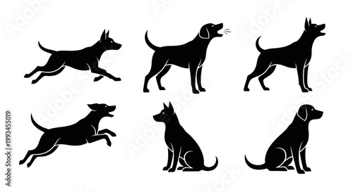 Set of Dog Silhouettes in Various Poses and Actions