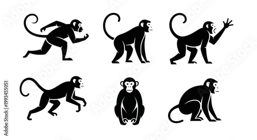 Monkey Silhouettes in Various Poses - Primate Icons Set