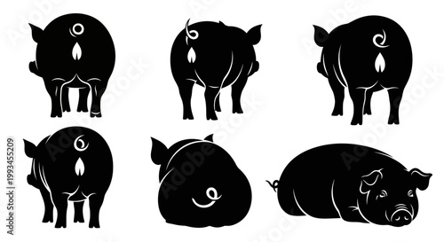 Collection of Pig Silhouettes in Various Poses, Farm Animal Graphic Elements