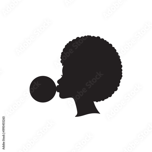 Afro girl blowing bubble gum silhouette icon vector flat design.