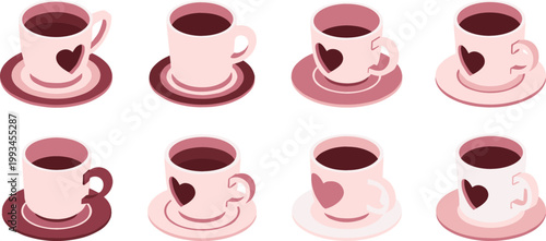 Cute Coffee Cup Icon Set with Heart Shapes Featuring Romantic Mug Designs for Cafes, Valentine Themes, Beverage Branding Flat Vector Illustration