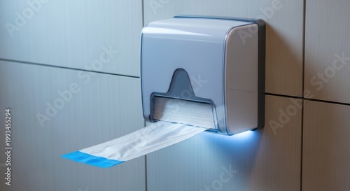 Wall-mounted dispenser releasing clean disposable plastic sleeves for hygiene in a modern facility
