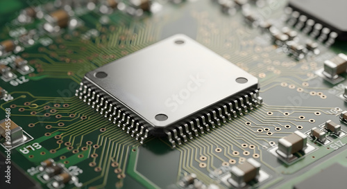 Close up of a silver microchip on a green printed circuit board with electronic components hardware engineering and technology concept