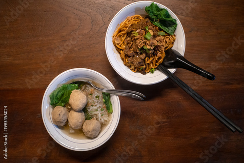 Indonesian street food, Mie Ayam and Bakso, noodles with meat balls and chicken meats