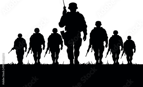 Soldiers marching in formation across field