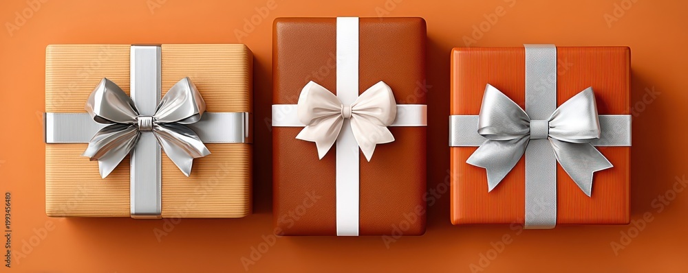 Fototapeta premium Three brown and orange gift boxes with silver ribbons arranged on orange background for festive occasions
