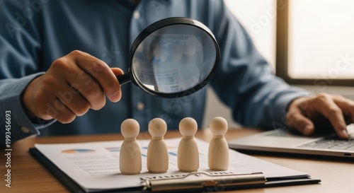 Professional recruitment and talent search concept, businessman using magnifying glass to inspect wooden human figures, hiring and human resources management