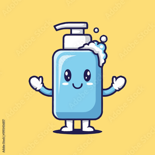 Cute cartoon liquid soap dispenser with happy face.