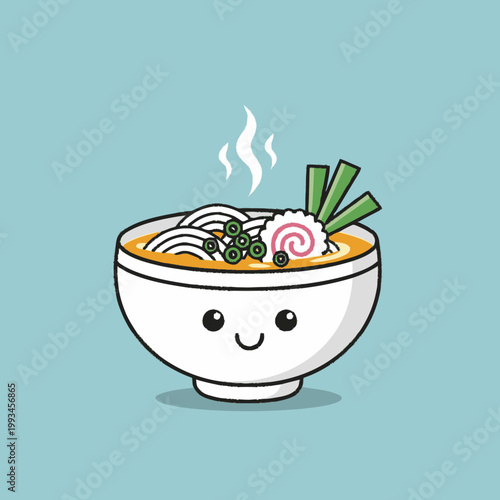 Cute cartoon ramen bowl with happy face.