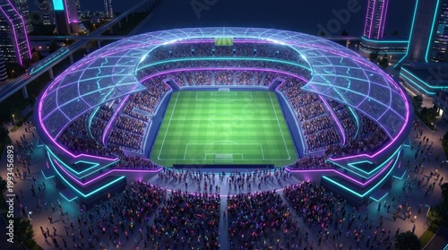 Futuristic Cyberpunk Soccer Stadium at Night with Neon Lights for Esports and Virtual Reality Gaming