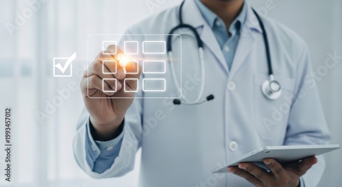 Medical doctor using digital interface for health data management, physician interacting with virtual healthcare icons, futuristic medicine technology