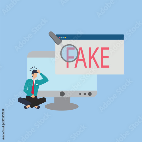 Fake news detection concept, man frustrated by misinformation on computer screen, magnifying glass identifying false digital content