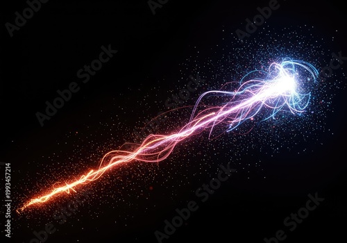 Dynamic digital energy field displaying swirling light trails and glowing particles in a deep futuristic void or cosmic setting ,energy ,neon ,purple