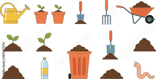Gardening and Compost Icon Set Featuring Seedlings, Soil, Tools, Wheelbarrow, Watering Can, Trash Bin, and Organic Elements in Flat Vector Illustration