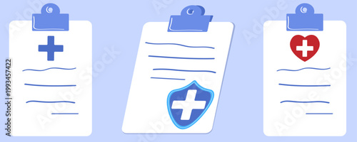 Medical clipboard set with healthcare icons. Blue medical cross, blue shield with a white cross for insurance or protection, and a red heart with a white cross for cardiology or compassionate care.