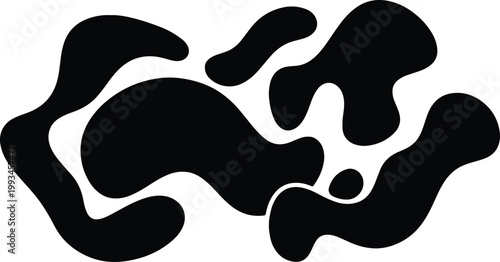Abstract organic black blob silhouettes and liquid splash shapes for modern minimalist graphic design, featuring creative cow print pattern textures and fluid aesthetic vector elements.