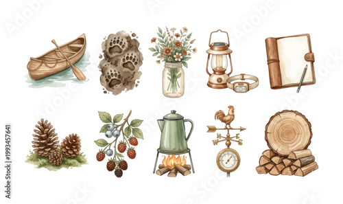 Watercolor Camping Clipart Set Vol.4 — 10 Outdoor Adventure Canoe Lantern Campfire Coffee Nature Illustration