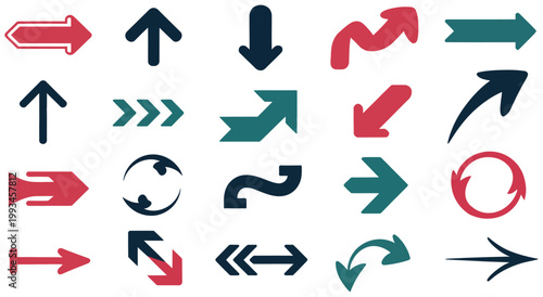 Arrow icon set, flat vector style with straight, curved, S-shaped, and chevron-tail pointers in teal and navy tones, modern navigation and direction indicators for interfaces.