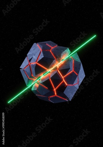 Glowing line dissecting a complex, multi-faceted geometric volume in deep space, representing calculation, splitting, and fractional parts ,technology ,geometry ,plane