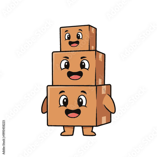 Happy Stack of Cardboard Boxes Cartoon Character.