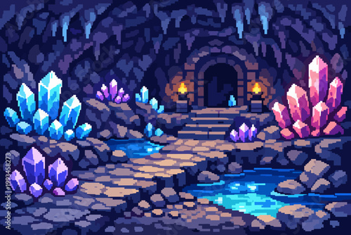 Pixel Art Fantasy Crystal Cave Dungeon Background with Glowing Blue and Pink Gemstones, Stone Path, Torches, and Underground Water Pools, Retro 8-bit Game Level Design Vector Illustration