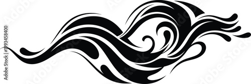 Stylized black water wave silhouette with decorative swirls and splashing droplets, featuring a dynamic tribal curl design for minimalist ocean branding and nautical vector art elements.