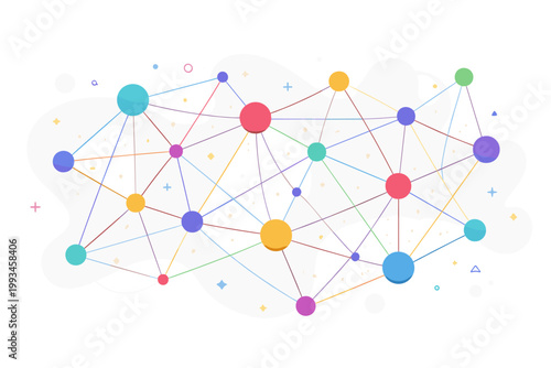 Abstract Vector Illustration of Interconnected Colorful Nodes and Lines Representing Global Network, Digital Communication, Data Structure, Social Connectivity, and Technological Innovation Concept