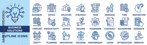 Business Solution icon set. Containing management, planning, innovation, communication, partnership. Outline vector icons collection