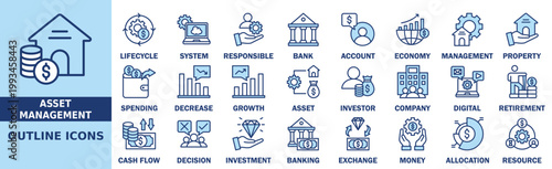 Asset Management icon set. Containing finance, investment, technology, growth, corporate, and more. Outline vector icons collection
