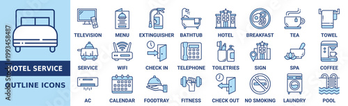 Hotel Service icon collection set. Containing design service, lobby, receptionist, apartment, tourism and more. Outline vector icons collection