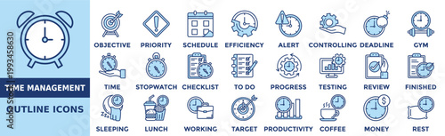 Time management icon set. Containing objective, priority, schedule, reminder, efficiency, alert, deadline, gym and more. Outline vector icons collection