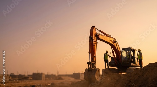 Construction Workers Operating Excavator at Infrastructure Modernization Site During Sunset