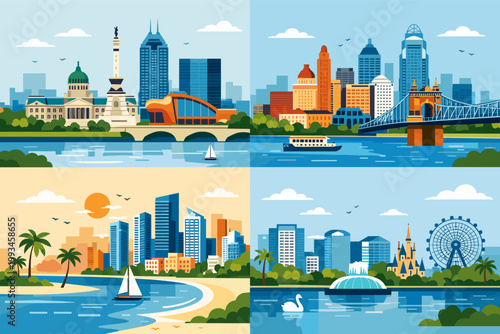 Travel Vector Set of USA City Skylines Featuring Indianapolis, Cincinnati, Miami, and Orlando Landmarks with Detailed Architecture, Skyscrapers, Waterfronts, and Iconic Tourist Attractions Design