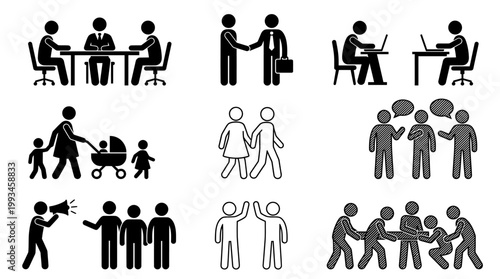 Business and social interaction icons representing meetings, families, and teamwork