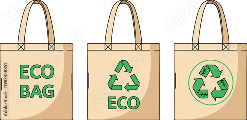 Eco Friendly Tote Bag Vector Set with Recycling Symbols and Eco Text for Sustainable Shopping, Zero Waste Lifestyle, and Environmental Awareness Design