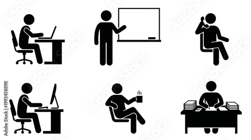 Office worker icons set people working, talking on phone, drinking coffee