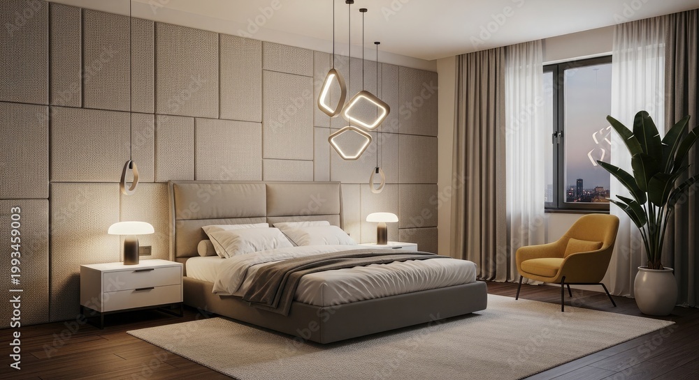Fototapeta premium Luxurious modern bedroom interior with textured wall elegant furniture and warm lighting design