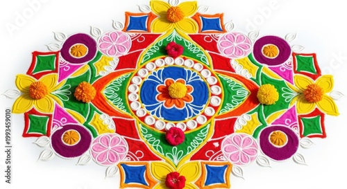 Vibrant Traditional Indian Rangoli Design with Fresh Marigold Flowers for Diwali Home Decoration
