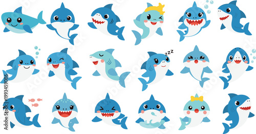 Cute Baby Shark Character Set with Funny Expressions and Cartoon Styles for Kids Design, Nursery Decor, Stickers, Educational Materials, and Vector Illustration.