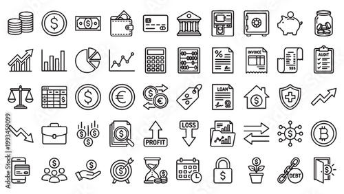 Financial services and banking outline icon collection for fintech app, investment platform, accounting software, or wealth management UI design