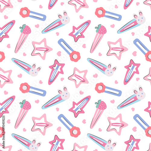 Seamless pattern with cute hair clips for girl. Decorative Hairpins, hair accessory with rabbit, strawberry, star, flower shape. Kawaii style background for textile, wrapping paper and fashion product