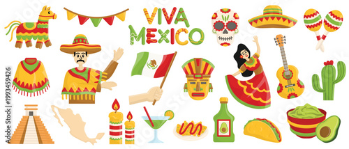 Mexico culture clipart set with traditional symbols food and fiesta elements