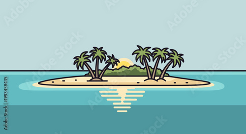 Cartoon island scene with palm trees and reflected sunlight over water