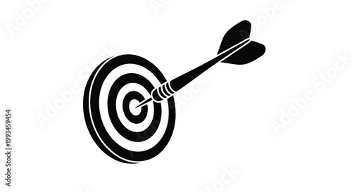 A black dart striking a circular target board a perfect hit silhouette