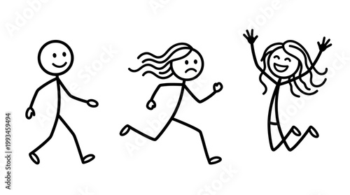 Three stick figures illustrating a progression from a happy walk to a stressed run, then to joyous jumping