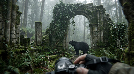 A black bear explores moss-covered ancient ruins in a misty forest, captured by a hidden photographer