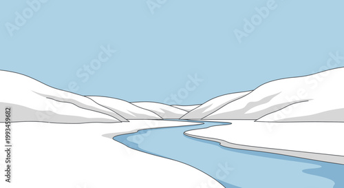 Cartoon landscape illustration with snow covered mountains and a river under blue sky