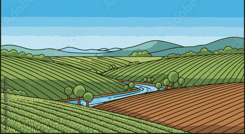 Cartoon landscape of rolling hills farmland and a winding river under blue sky
