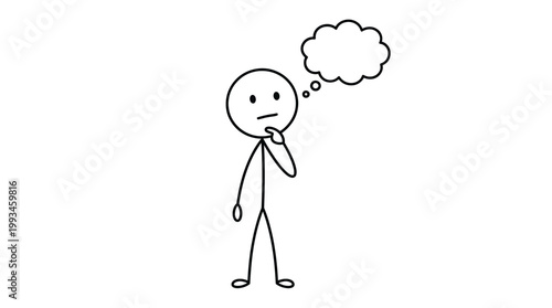 Stick figure pondering with a thought bubble above head, representing thinking and ideas